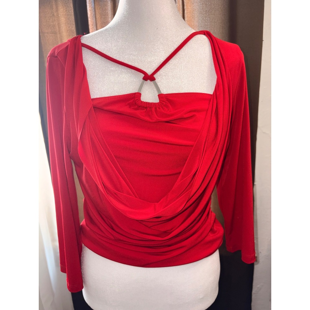 I.N. San Francisco Red Draped Cowl Neck Top M Made USA Y2K Long Sleeve Blouse